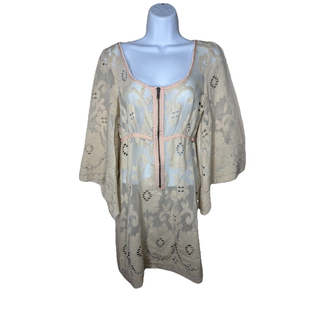Free People zip Lace Tunic Dress cover up Sz S Ivory Pink 128$ Cottagecore